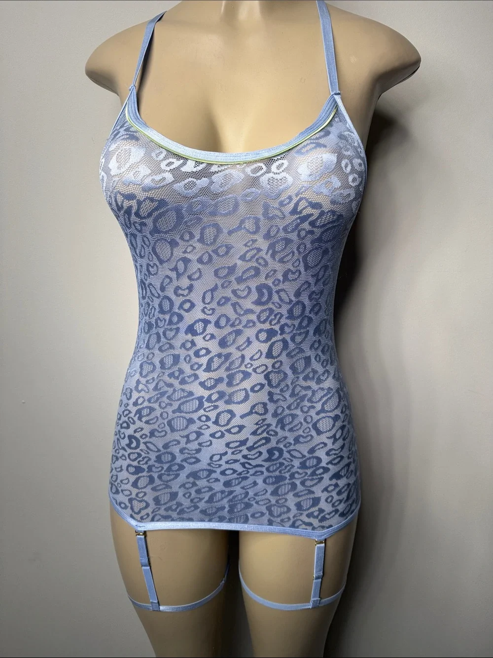 Blue Sheer Leopard Lace Slip with Garter Straps - Women's Intimates